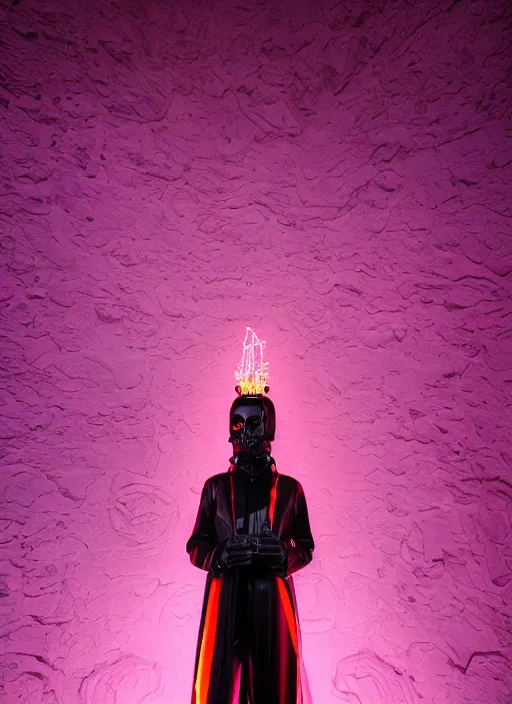 Prompt: photo of baroque and bladerunner delicate neon ruby sculpture of seductive ceramic albino king adrien sahores space pink iridescent humanoid deity wearing black fluffy hoody holding diamond skull in a black metallic dungeon, reclining, glowing rainbow face, crown of white diamonds, cinematic lighting, photorealistic, octane render 8 k depth of field 3 d