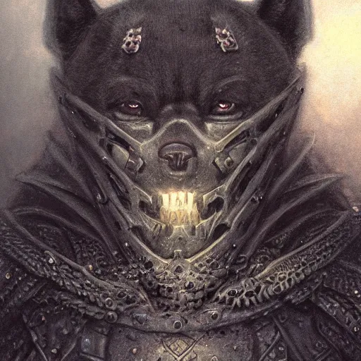 Image similar to bone armor black armor, anthropomorphic shiba inu, shiba inu face, stuning 3 d render, masterpiece, glowing black aura, foggy dark graveyard, by donato giancola and greg rutkowski and wayne barlow and zdzisław beksinski, realistic face