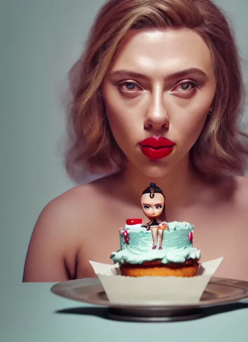 Image similar to closeup portrait of tin toy scarlett johansson eating cakes, depth of field, zeiss lens, detailed, symmetrical, centered, fashion photoshoot, by nicoletta ceccoli, mark ryden, lostfish, earl nore, hyung tae, frank frazetta, breathtaking, 8 k resolution, extremely detailed, beautiful, establishing shot, artistic, hyperrealistic, octane render