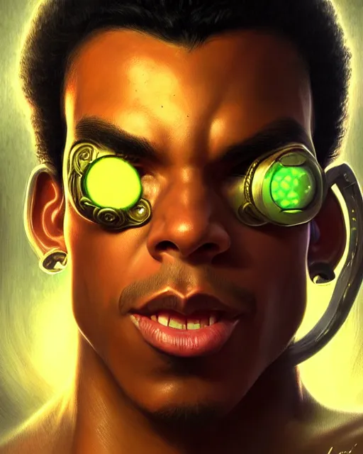 Image similar to lucio from overwatch, fantasy, fantasy art, character portrait, portrait, close up, highly detailed, intricate detail, amazing detail, sharp focus, vintage fantasy art, vintage sci - fi art, radiant light, caustics, by boris vallejo