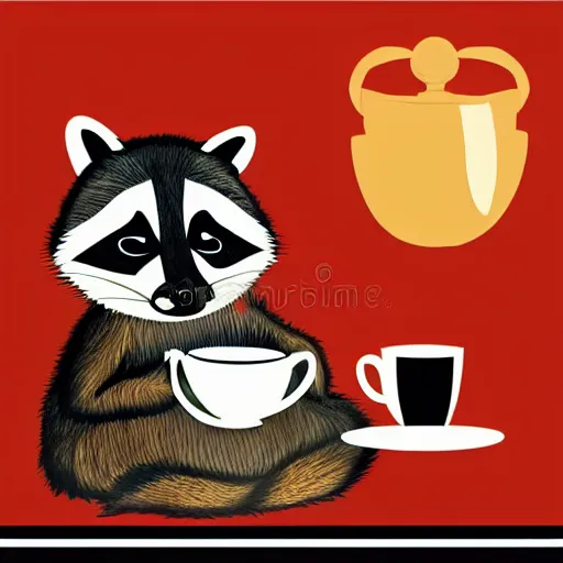 Image similar to raccoon with cup of tea by cozy fireplace, childrens book illustration,