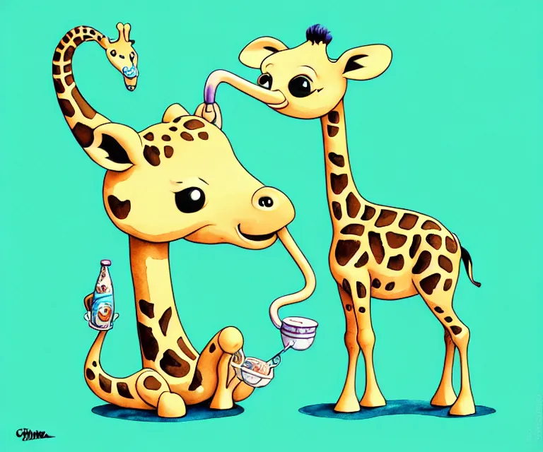 Image similar to cute and funny, baby giraffe drinking from a pond, ratfink style by ed roth, centered award winning watercolor pen illustration, isometric illustration by chihiro iwasaki, edited by range murata, tiny details by artgerm and watercolor girl, symmetrically isometrically centered