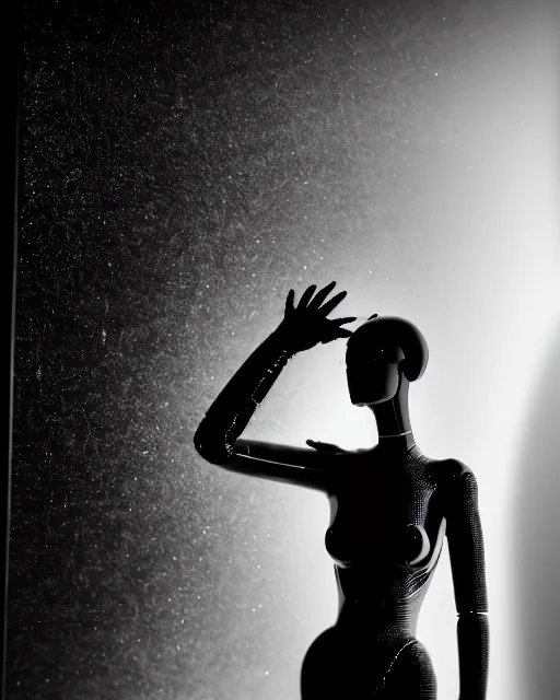 Image similar to black and white high quality photo of a female AI-queen-dragon-meshes-mannequin-cyborg looking into a sci-fi mirror, volumetric lighting, brutalism, foggy, dreamy, hyperdetailed, bokeh, photorealistic, cinematic, masterpiece, elegant, dark, by Man Ray in the style of Horst P. Horst, octane render, 8K,