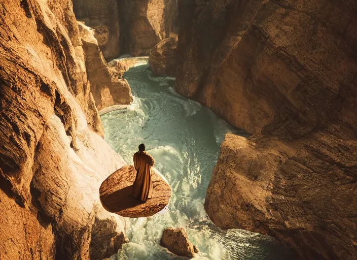 Prompt: a 2 8 mm macro photo of a man in flowing robes floating levitating over a huge canyon, splash art, movie still, bokeh, canon 5 0 mm, cinematic lighting, dramatic, film, photography, golden hour, depth of field, award - winning, anamorphic lens flare, 8 k, hyper detailed, 3 5 mm film grain, hazy