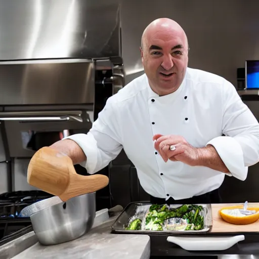 Image similar to Cook Chief Kevin O'Leary cooking a greek salad, in Shark Tank (2016), 50mm photography
