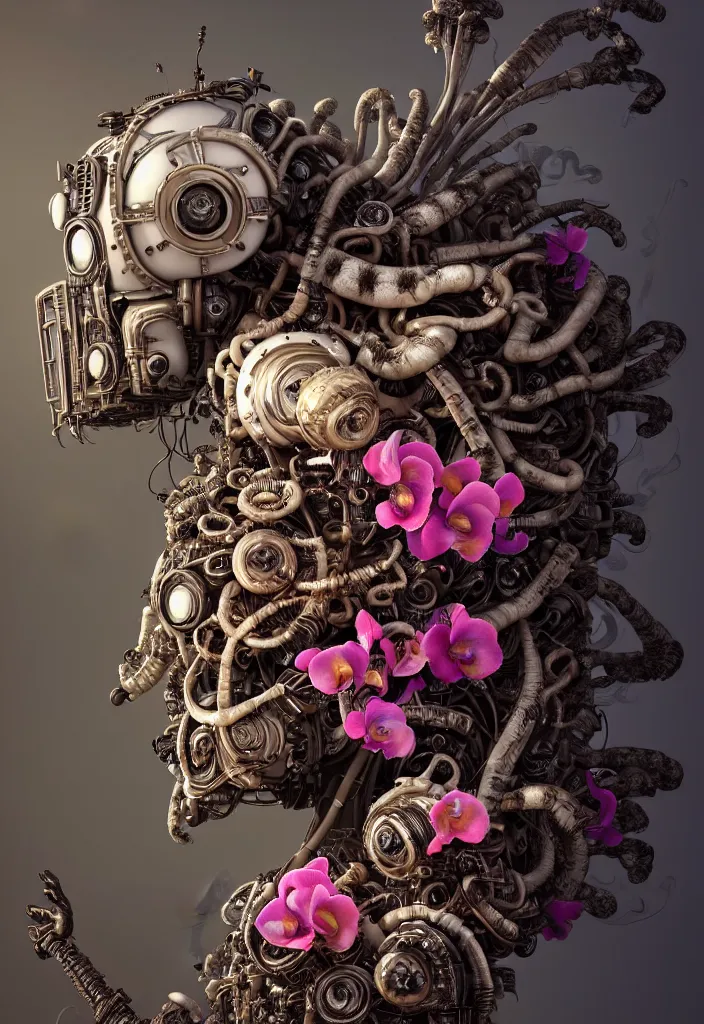 Image similar to 3 d close - up portrait of the retro futuristic robot in vintage death beath mask in madmax style clothes and crown overgrown with fungi and giant orchid flowers and giant gladiola flowers, intricate, elegant, surrounded by smoke and burning. translucent nautilus, highly detailed, by wlop, tooth wu, greg rutkowski, alena aenami
