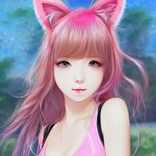 Image similar to realistic beautiful gorgeous natural cute Blackpink Lalisa Manoban pink hair cute fur pink cat ears, wearing white camisole summer outfit, headphones, black leather choker artwork drawn full HD 4K highest quality in artstyle by professional artists WLOP, Aztodio, Taejune Kim, Guweiz on Pixiv Artstation