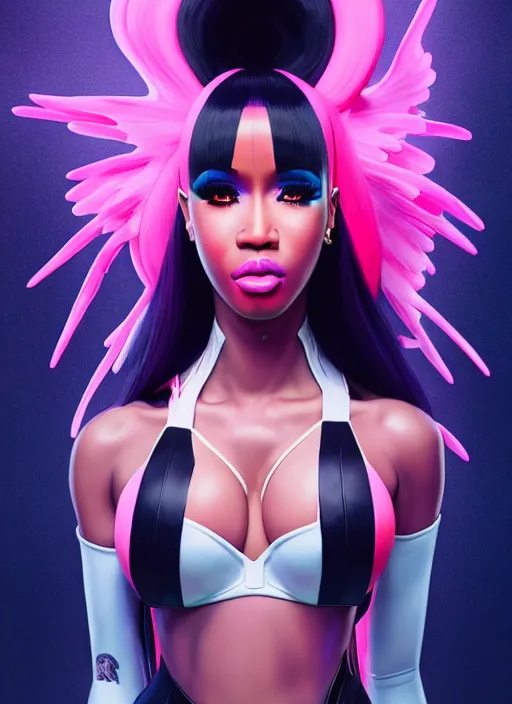 Image similar to nicki minaj and cardi b, evangelion, au naturel, hyper detailed, sharp focus, bokeh, depth of field, digital art, trending in artstation, cinematic lighting, studio quality, smooth render, unreal engine 5 rendered, octane rendered, art style by klimt and nixeu and ian sprigger and wlop and krenz cushart