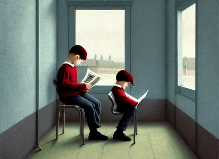 Image similar to a very boring day in school, kids wearing identical clothes reading newspapers, painting by quint buchholz and ray caesar, muted colors, gray, dull, boring, low energy, pale blue faces, very detailed