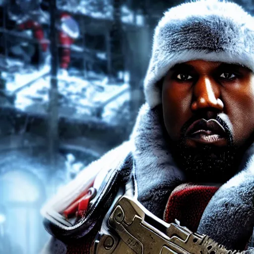 Image similar to Kanye West as santaclaus in 'Gears of War', splash art, movie still, cinematic lighting, detailed face, dramatic, octane render, long lens, shallow depth of field, bokeh, anamorphic lens flare, 8k, hyper detailed, 35mm film grain