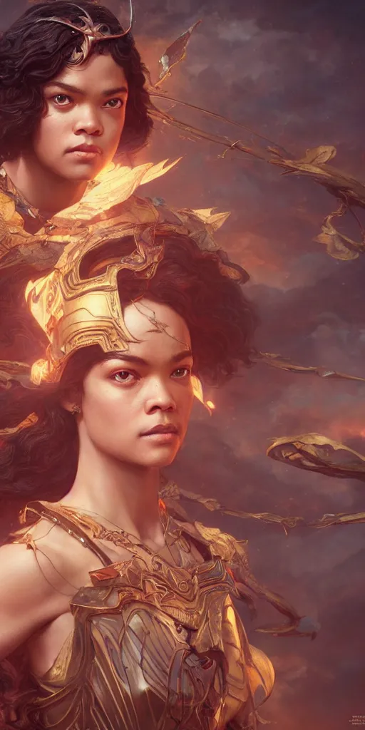 Image similar to tessa thompson, beautiful fantasy maiden, dungeons and dragons, masterpiece by edgar maxence and ross tran and michael whelan, gustav dore, 8 k, octane render