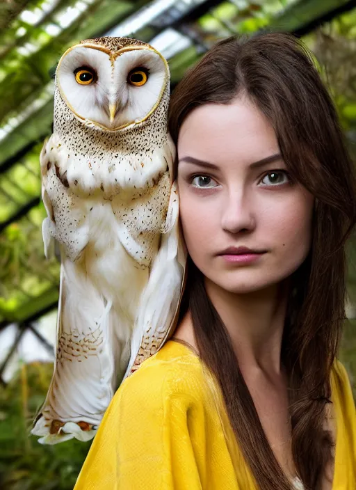 Prompt: portrait photograph of beautiful young female model, symmetric face, symmetric bright eyes, slight smile, natural light, wearing a yellow kimono with a very detailed barn owl on her shoulder!!! in a tropical greenhouse. Masterpiece!! looking at the camera!!. super resolution. Extremely detailed.by alsphonse Mucha