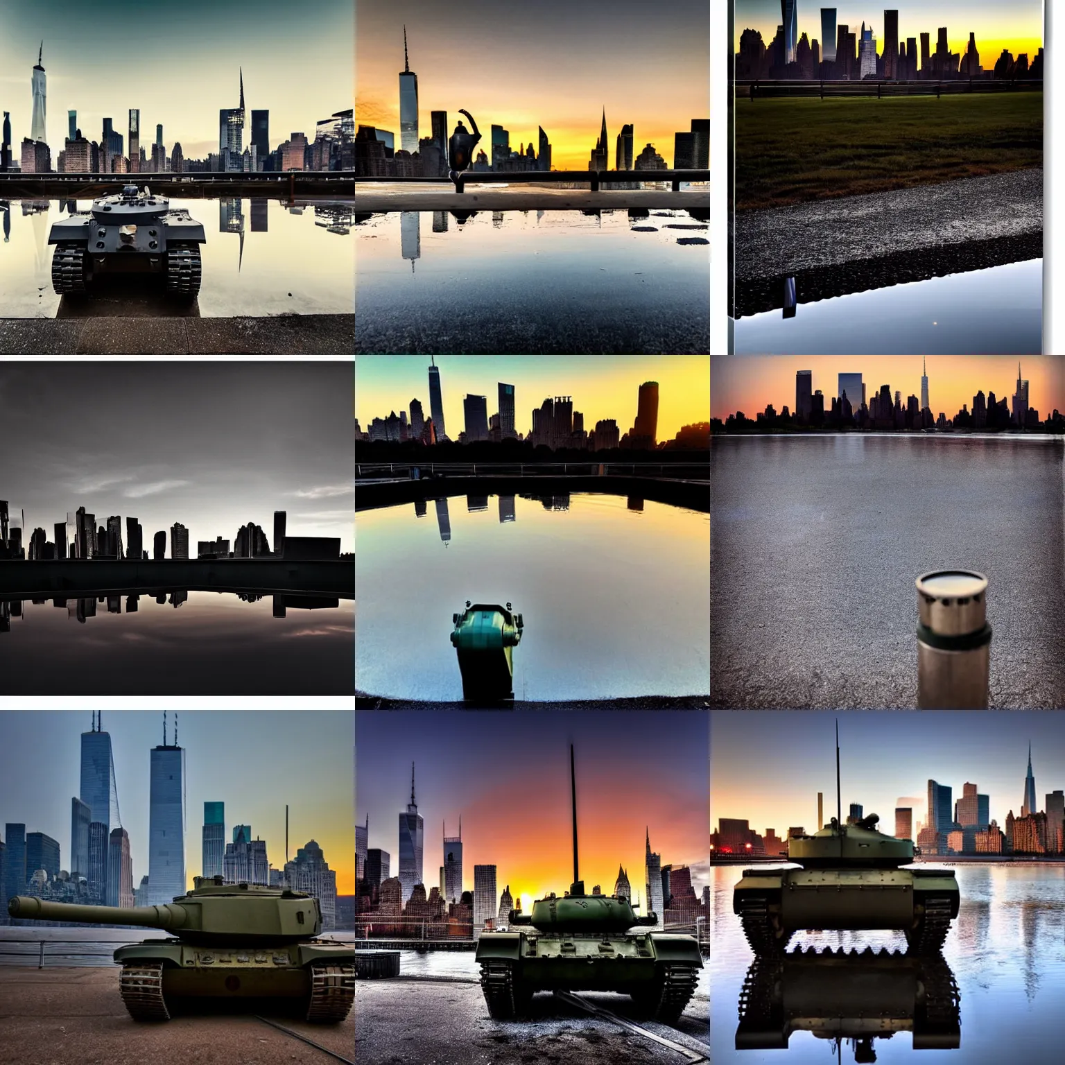 Prompt: low angle shot, tank in front of the new york skyline, reflections, award winning photograph, sunset, desolate, atmospheric