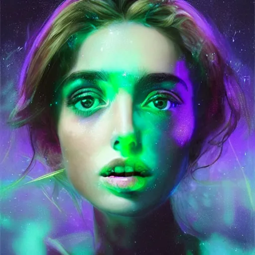 Prompt: hyper realistic, the portrait of the absurdly beautiful, graceful, elegant, gorgeous, fashionable photorealistic ana de armas, anime fantastical runes scatter the background, slightly glowing energy in the pitch black, illuminated the figure from the bottom, green ethereal light, by kim jung gi, irakli nadar,