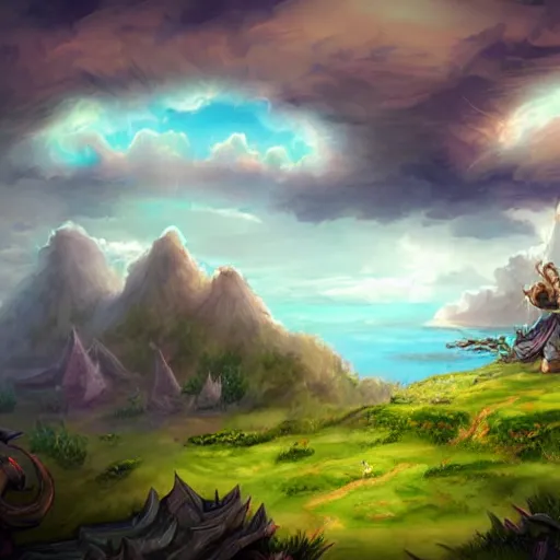 Prompt: an island floating in the sky, clouds background, hearthstone coloring style, epic fantasy style art, fantasy epic digital art, epic fantasy card game art