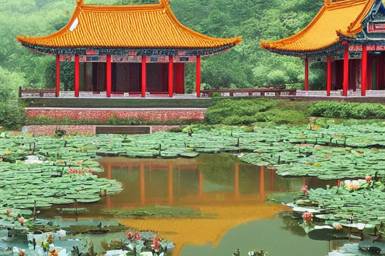 Prompt: a two - floor traditional chinese wood house in a serene landscape, waterlily pond, chinese shanshui painting, bright color