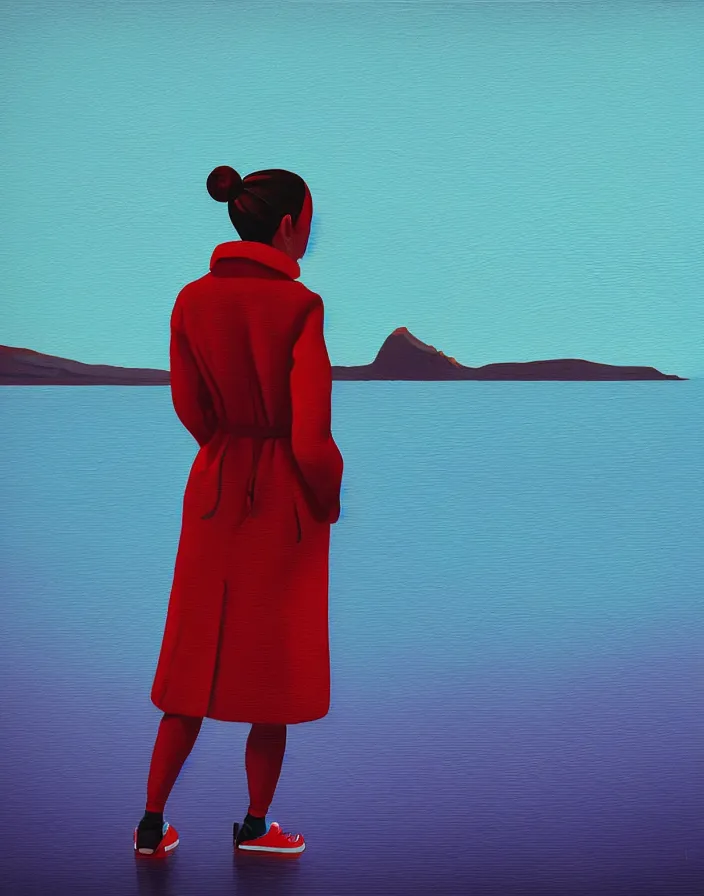 Image similar to wide shot rear view photographer woman hair in a bun long red stripe coat backpack sneakers taking photo with nikon camera in hand while looking out over a placid blue lake, a character design painting, in the style of wes anderson, lola dupre, david hockney, isolated on negative white space background dark monochrome fluorescent spraypaint accents volumetric octane render, no double figure