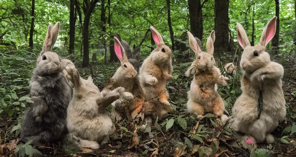 Image similar to shamanic ritual, A group of rabbits performing a shamanic ritual in a forest