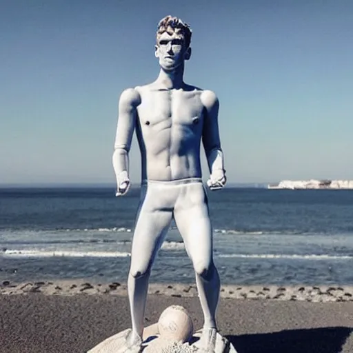 Prompt: “ a realistic detailed photo of a guy who is an attractive humanoid who is half robot and half humanoid, who is a male android, soccer player antoine griezmann, shiny skin, posing like a statue, blank stare, at the beach, on display ”