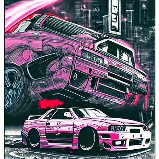 Prompt: beautiful hyper-detailed full colour manga illustration of an evil robot with a sword, slicing a Nissan skyline r34, cyberpunk, car wreck, neon