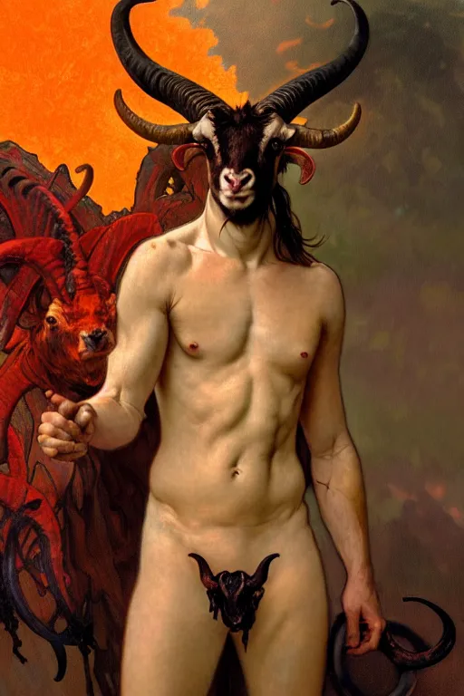 Image similar to portrait of a beautiful young fit male demon with ram horns, scaly torso and goat legs, hellish scene, by greg rutkowski and alphonse mucha, d & d character, gradient red to yellow, in front of an hellish landscape background, highly detailed portrait, digital painting, artstation, concept art, smooth, sharp focus ilustration, artstation hq