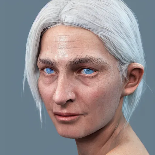 Image similar to 3 d render by annie leibovitz hyper detailed, realistic female face and shoulders, white skin made from painted porcelain, white hair, fine facial features, white eyes and eyelashes, 8 k, 1 5 0 ml lens, elegant, white background pastel blue lighting, octane render, volumetric lighting