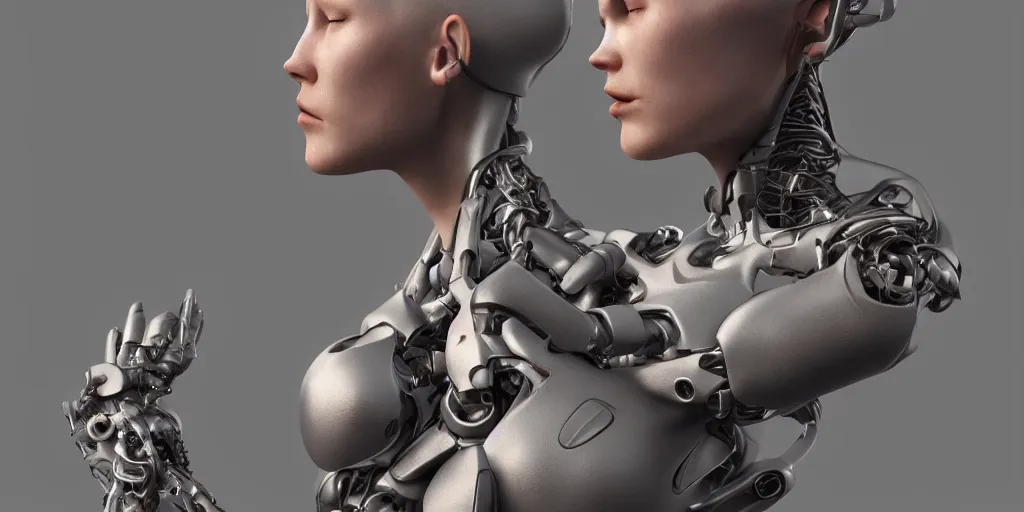 Image similar to photorealistic gorgeous female cyborg, holding intimately, highly detailed, intricate detailing, torso, neck, knees, in the style of, beth cavener, jin kagetsu, wlop, masterpiece, concept art, highkey lighting, ambient lighting, octane render, 8 k, artstation