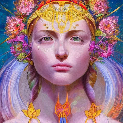 Image similar to a portrait oil painting of a singular beautiful female godess of spring with colorful flowers, holy geometry, tarot card style, by Mohrbacher and Moebius, cinematic lighting, masterpiece, golden ratio background, highly detailed, 8k resolution, trending on art station