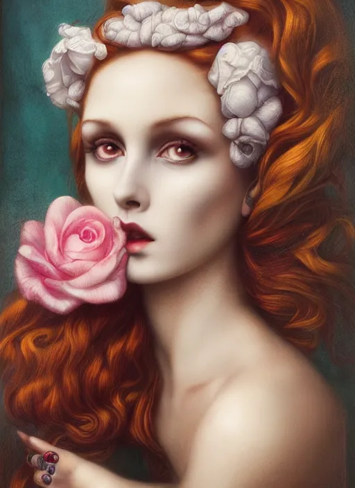 Image similar to pop surrealism, lowbrow art, realistic seductive woman painting, preraphaelites, hyper realism, muted colours, rococo, natalie shau, loreta lux, tom bagshaw, mark ryden, trevor brown style,