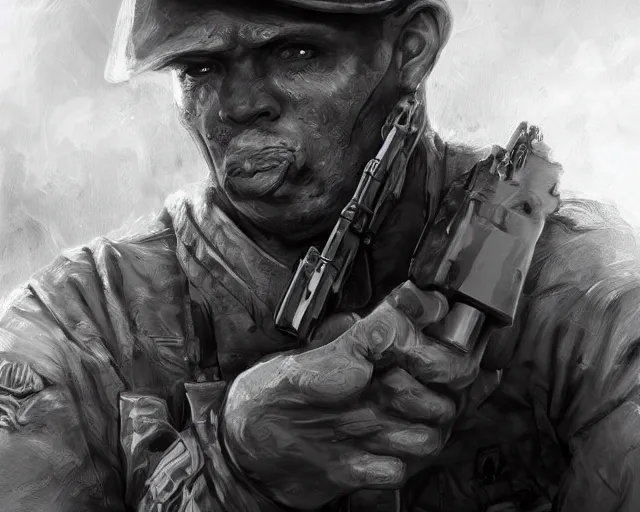 Prompt: A soldier with a hateful face aiming a machine gun at a cat, world war 1, close-up, realistic face, beautiful face detail, mature facial features, black and white, amazing digital art, hyper detailed, artstation, in the style of Tony Sart