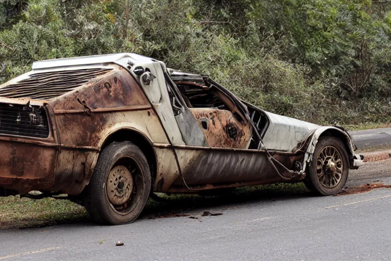 Image similar to rusted, derelict on the back of a tow truck on the road 1 9 2 2 delorean