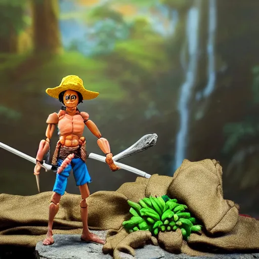 Image similar to high - res photograph of a claymation sculpture action figure warrior luffy, highly detailed sculpey diorama, forest setting, waterfall backdrop, smooth, sharp foccus, commercial product photography,