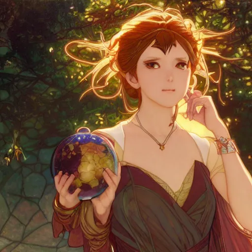 Prompt: anime wizard woman pondering a crystal ball by Stanley Artgerm Lau, greg rutkowski, thomas kindkade, alphonse mucha, loish, norman Rockwel