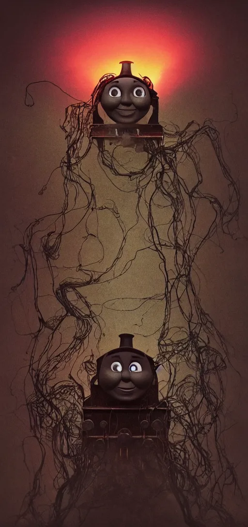 Image similar to thomas the tank engine in style of zdzisław beksinski, extremely dramatic lighting, 8 k, tendrils, black, darkness, black slime tendrils, infected, rust, body horror, thomas the train, thomas the tank engine face, horror,