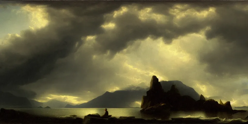 Prompt: a princess, big monster on the horizon, snowy fjord, storm clouds, dramatic lighting, hudson river school, afternoon