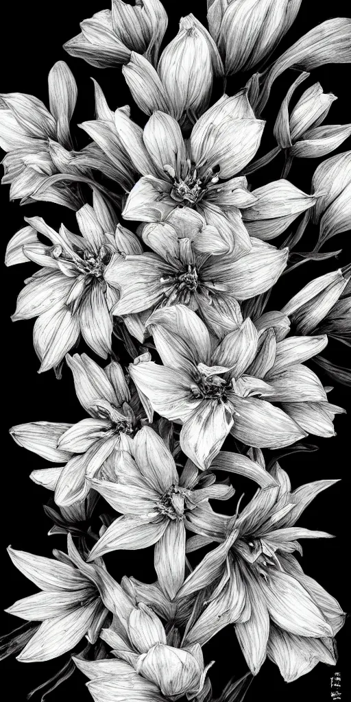 Image similar to highly detailed beautiful photography of flower, sharp focus, dramatic, dynamic, lighting, elegant, black background, harmony, beauty, masterpiece, by durero, by kim jung gi, pen draw