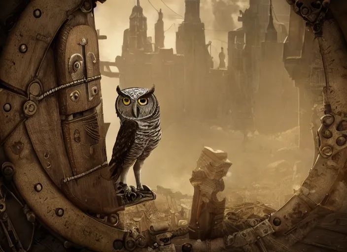 Image similar to a Warrior owl art nuveau, steampunk, symmetry, full frame, cinematic light , unreal engine,