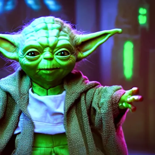 Image similar to Yoda surrounded by evil killer dolls 8k hdr movie still