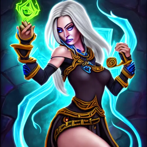 Prompt: Full body drawing of a sorceress, Hearthstone official trending art, exagerated accurate details, trending on MasterpieceStation in category 'Perfect identical eyes'