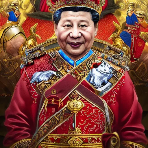 Prompt: an extremely realistic portrait depicting the coronation of xi jinping dressed in royal national costume, riding a hog on the frozen danube, close up, intricate, elegant, highly detailed, digital painting, artstation, concept art, smooth, sharp focus, illustration