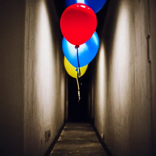 Image similar to flash photograph of a creepy narrow long hallway with several primary colored balloons floating, dark lighting, liminal space, horror scene