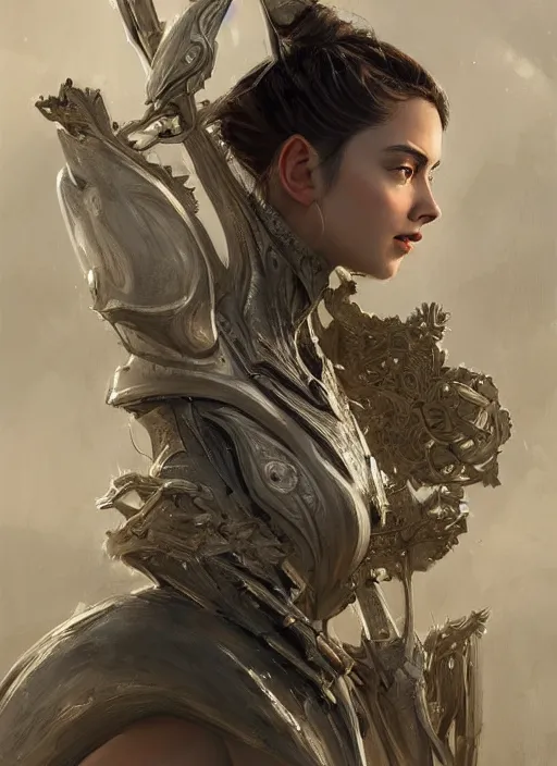 Image similar to a professional portrait of a beautiful young female, clothed in ethereal battle armor, olive skin, long dark hair, beautiful bone structure, symmetrical facial features, intricate, elegant, digital painting, concept art, smooth, sharp focus, finely detailed, illustration, from Valerian and the City of a Thousand Planets, in the style of Ruan Jia and Mandy Jurgens and Artgerm and Greg Rutkowski and William-Adolphe Bouguerea