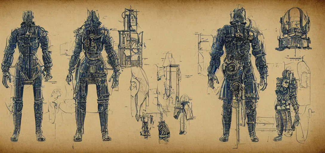 Prompt: blueprints for bioshock character, concept art, blueprint,