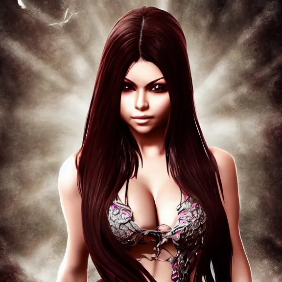 Image similar to portait of haifa wehbe, long hair centred, hd, very charming look, very detailed curve, unreal engine, final fantasy style, fairy tail background