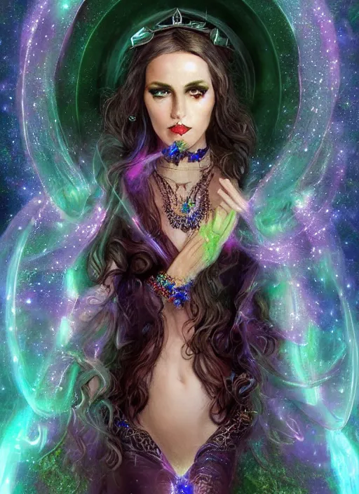 Prompt: tarot!!, pale, beautiful witch made of starlight and opals, jeweled choker, vivid colors, elegant, concept art, sharp focus, beautiful face!!, digital art, Hyper-realistic, 4K, Unreal Engine, Highly Detailed, Dramatic Lighting, Beautiful, by Brom, trending on Artstation, Tom Bagshaw, Sargent