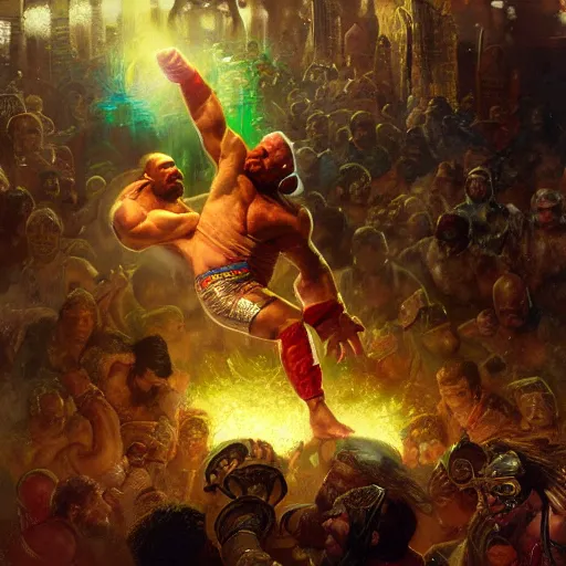 Image similar to the iron sheik breaking hulk hogan's back, radiant light, caustics, heroic, bright iridescent light, by gaston bussiere, bayard wu, greg rutkowski, maxim verehin, epic wrestling combat, legendary