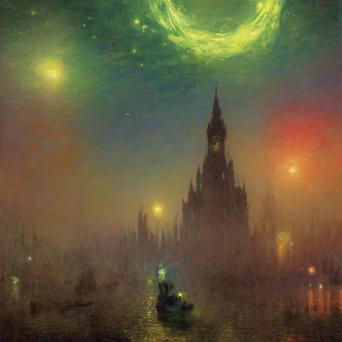 Prompt: a beautiful painting of a gothic city, colourful stars shining at night, astrophotography, cthulhu, colors out of space by ivan aivazovsky and greg rutkowski and james gurney and frank lloyd and monet, in style of impressionnisme. hyper detailed, sharp focus, soft light. unreal engine 5 lumen. ray tracing. trending on artstation. oil on canvas