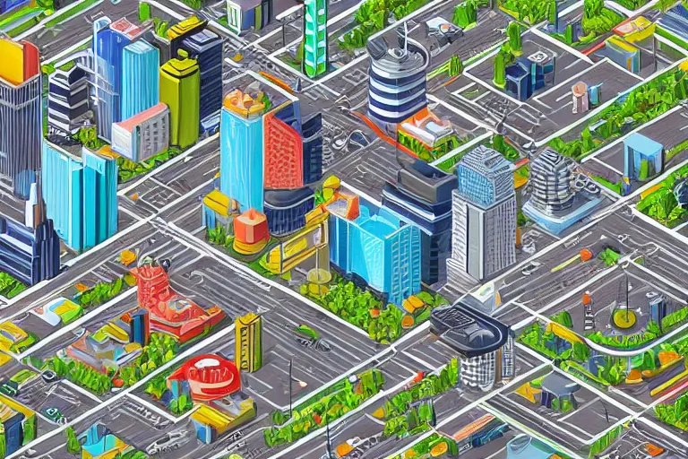 Prompt: highly detailed isometric illustration of a city scape, hyperrealistic, photorealistic, artstyle, highly detailed, sharp