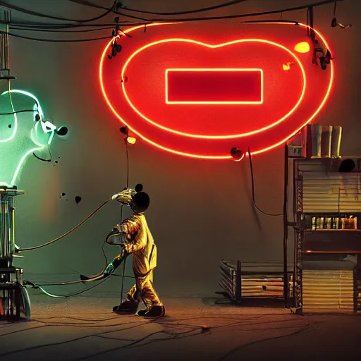 Image similar to workers building grunge mickey mouse head, on a scene, cables hanging and a neon logo in the background, beeple daily art, sci fi, cyberpunk, hyperrealistic