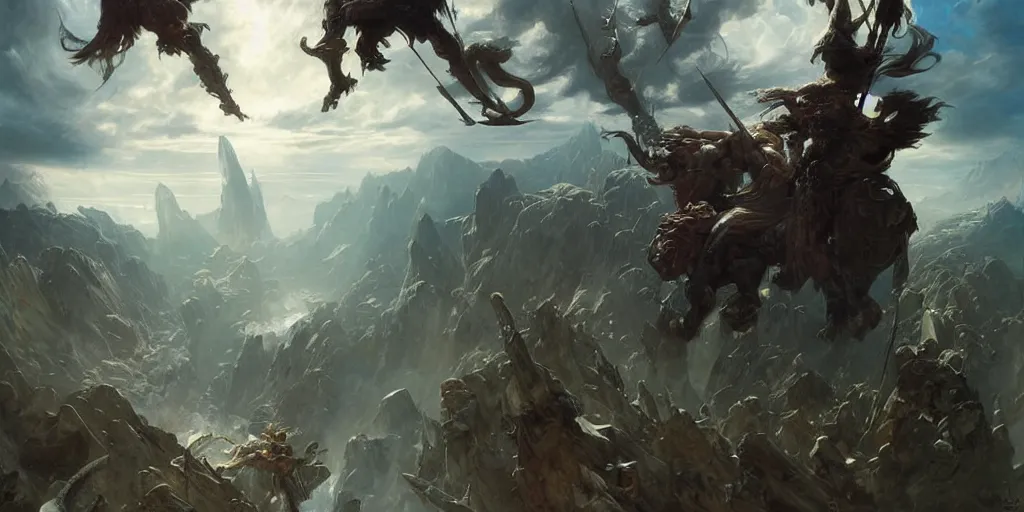 Image similar to epic battle barbarian norse gods thunder inverted landscape hanging from the sky two worlds facing each other horizontal symmetry inception good composition artstation illustration sharp focus sunlit vista painted by ruan jia raymond swanland lawrence alma tadema zdzislaw beksinski norman rockwell tom lovell alex malveda greg staples
